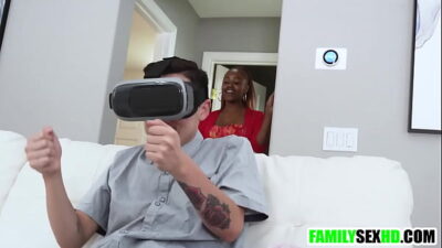 Ebony teen fucks BF’s step bro while he is busy playing VR games